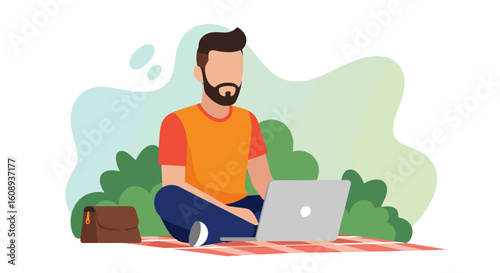 Man working on laptop outdoors, perfect for websites or blogs about remote work, freelancing, or digital nomad lifestyle.