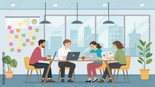 Diverse team collaborating on project in modern office, perfect for website or presentation.