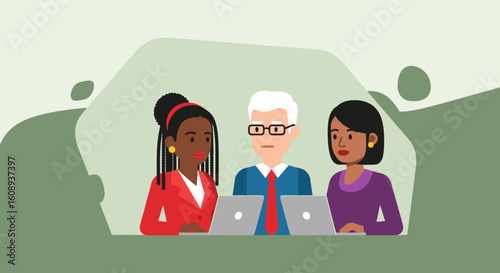 Diverse team of professionals collaborating on laptops, ideal for website banners or presentations.