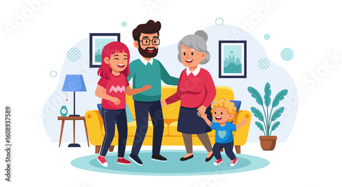 Happy multigenerational family at home, perfect for family-themed websites or brochures.