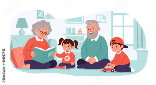 Grandparents reading to grandchildren, perfect for family, children's book, or education websites and brochures.