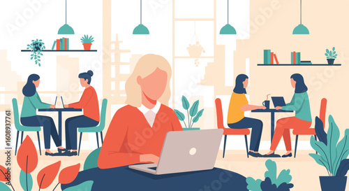 Women working on laptops in a modern co-working space; ideal for websites, blogs, and presentations about remote work, entrepreneurship, or collaboration.