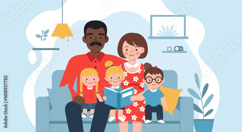 Happy family reading a book together on a sofa at home. Perfect for family blogs, websites, and children's book illustrations.