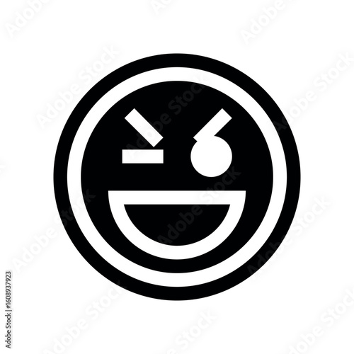 Black and white graphic of a winking emoticon with a wide smile inside of two concentric circles