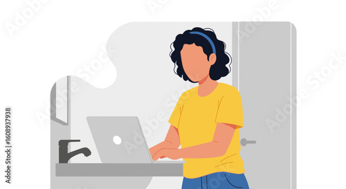 Woman working on laptop in bathroom, perfect for blog post or website design.