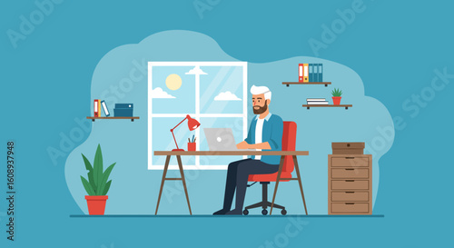 Man working from home office, perfect for website banners, blogs, or articles about remote work.