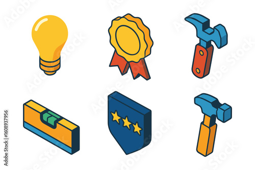 Set of colorful isometric icons featuring tools and awards