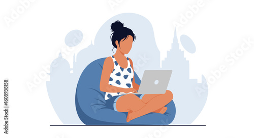 Woman working on laptop from home, illustration for blog or website