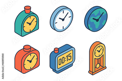 Colorful collection of isometric clocks featuring modern and classic designs