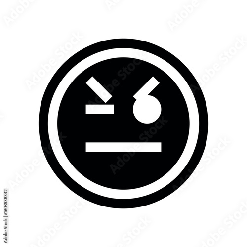 Stylized black and white winking face with geometric shapes inside a circular border design element