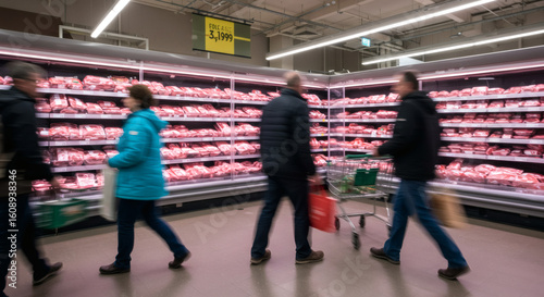 Shoppers browse a refrigerated meat section in a grocery store.
