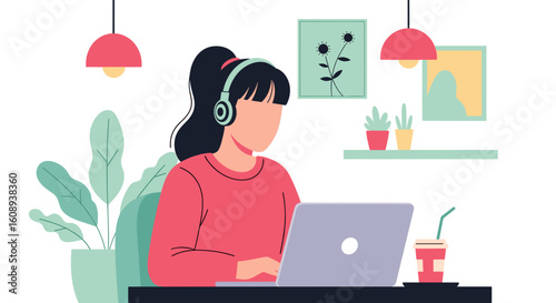 Young woman working from home on laptop, wearing headphones. Perfect for blogs, websites, and articles about remote work, freelancing, or online learning.