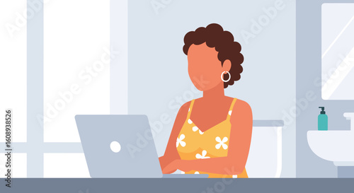 Woman working on laptop in modern bathroom, perfect for remote work, freelance, or lifestyle blogs.