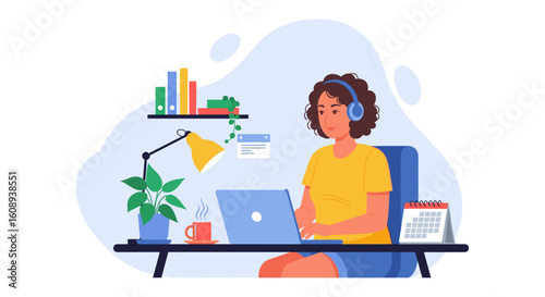 Senior woman working from home on laptop, perfect for website banners or blog posts about remote work and aging.