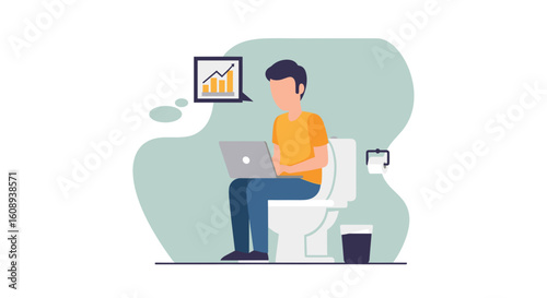 Man working on laptop while sitting on toilet - perfect for illustrating work-life balance or humorous business situations.