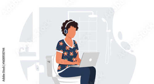 Woman working on laptop while sitting on toilet in bathroom, perfect for articles about work-life balance or remote work.
