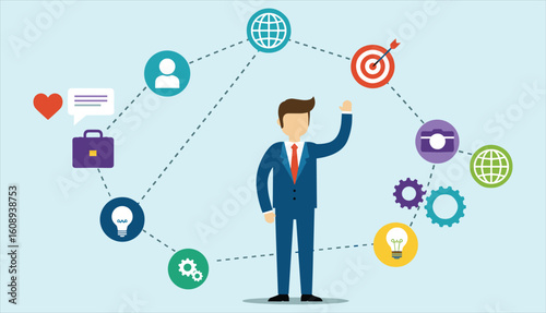 Work-life balance, juggling priorities, and business equilibrium concept: Businessman on unicycle balancing with briefcase and hearts on a tightrope.