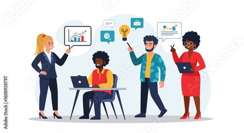 Diverse business team brainstorming, perfect for presentations on teamwork, collaboration, and innovation.