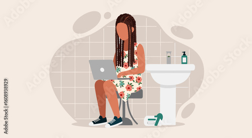 Woman working on laptop in bathroom, perfect for blog posts about work-life balance or remote work.