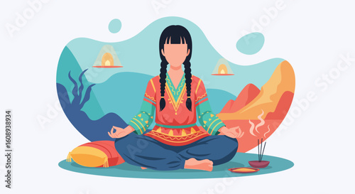 Woman meditating in nature, perfect for wellness websites or mindfulness apps.