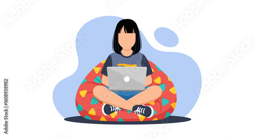 Young woman working on laptop while sitting in beanbag chair, perfect for website or blog.
