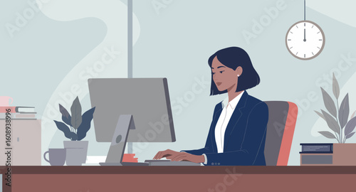 Businesswoman working at her desk, ideal for websites and brochures promoting productivity and success.