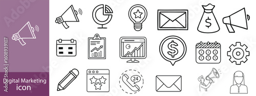 Set of digital marketing line icons. Management, seo, target, ad, analytics etc