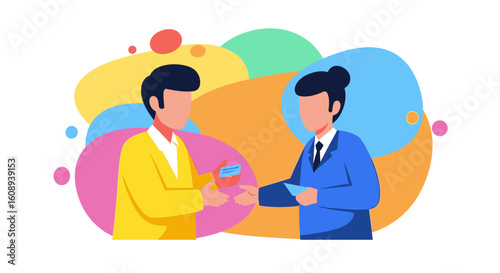 Businesspeople exchanging business cards, colorful illustration for websites and presentations.