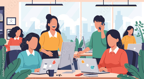 Diverse team of female professionals working collaboratively in a modern office, perfect for website banners or marketing materials.