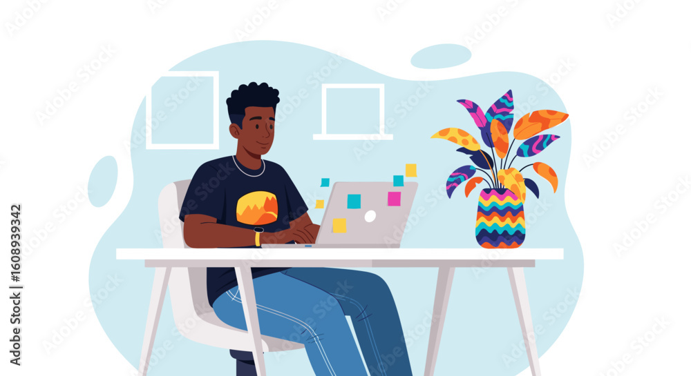 Obraz premium Young African American man working on laptop, ideal for website banners, blog posts, or social media.