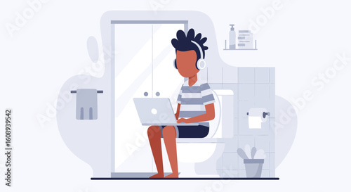 Illustration of a person working on a laptop while sitting on a toilet, perfect for articles about remote work, work-life balance, or humorous illustrations.