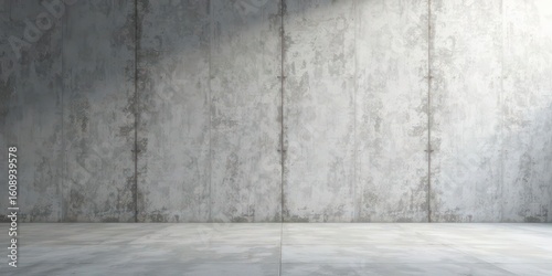 A sunlit minimalist interior space featuring a large, textured concrete wall and a smooth, polished concrete floor provides a clean, contemporary backdrop