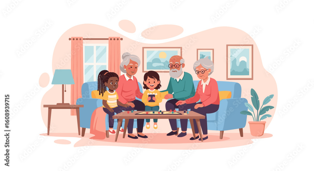 Grandparents and grandchildren playing a board game together, perfect for family, togetherness, and generational connection themed projects. Grandparents and grandchildren playing a board game together, perfect for family, togetherness, and generational connection themed projects.