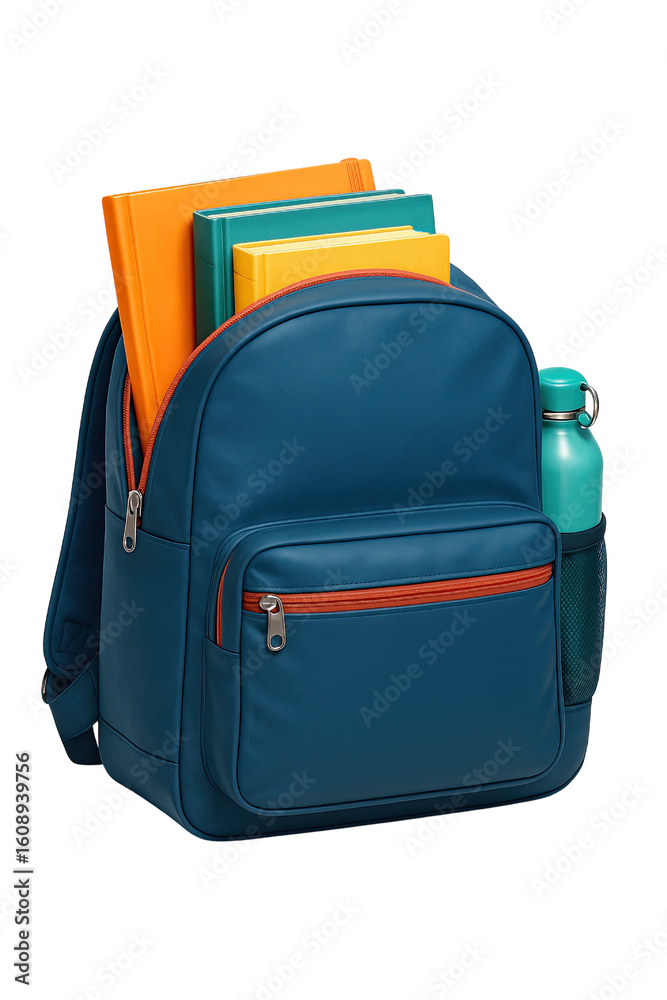 Fototapeta premium Blue Backpack with Orange Folder, Colorful Books, and Water Bottle, Cutout Transparent PNG