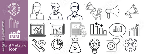 Set of digital marketing line icons. Management, seo, target, ad, analytics etc