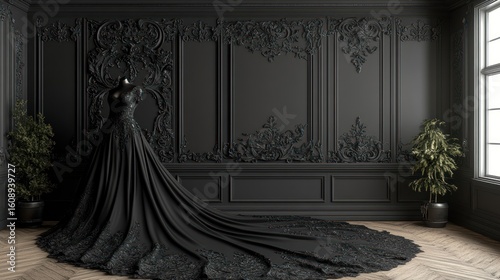 Dark, ornate gown displayed in a grand, black room