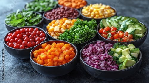 Colorful salad bar ingredients in dark bowls on a textured surface
