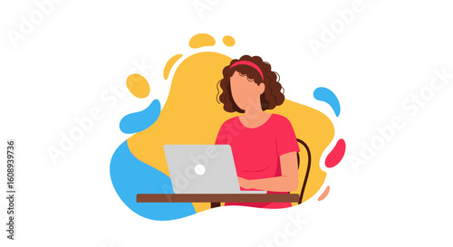 Woman working on laptop, vector illustration perfect for website banners, social media, or blog posts.