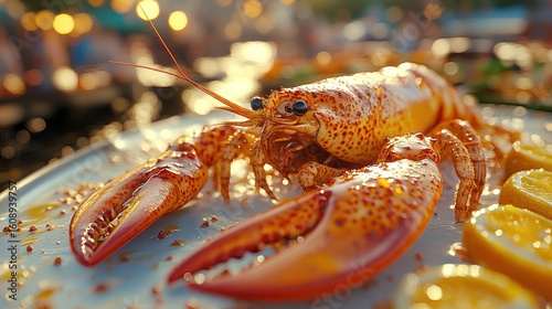 Roasted lobster on platter at outdoor market