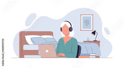 Woman working from home on laptop, wearing headphones.  Perfect for blog posts, articles about remote work, or online learning.