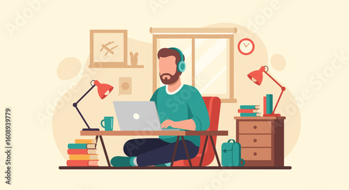 Man working from home on laptop, perfect for websites, blogs, and articles about remote work or online learning.