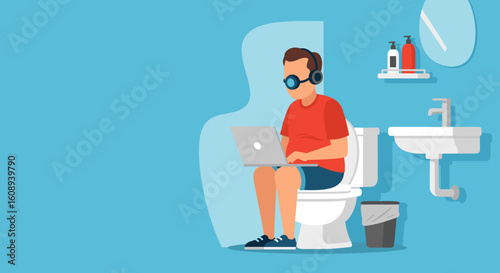 Man working on laptop while sitting on toilet, illustration for articles about work-life balance or remote work.