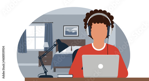 Person working from home on laptop, wearing headphones.  Ideal for remote work, online learning, or telecommuting website or blog.