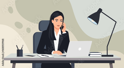 Businesswoman on a phone call at her desk, perfect for websites or marketing materials.