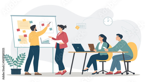 Teamwork, collaboration, and brainstorming: Illustrative vector of a business meeting, ideal for presentations and website banners.