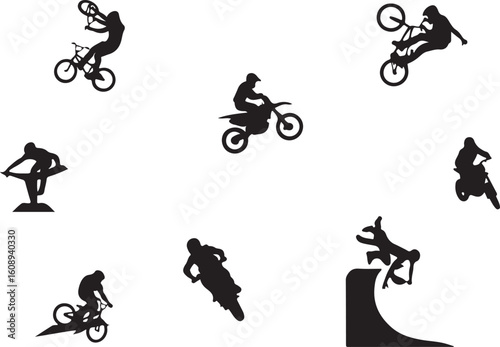 Diverse bicycle and motorcycle stunts performed by silhouetted athletes action