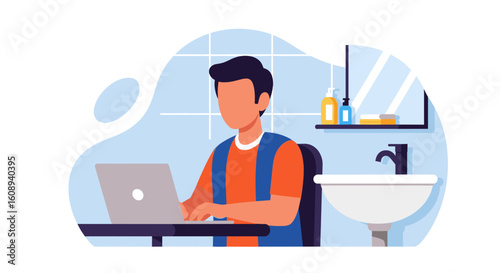 Man working on laptop in bathroom - remote work, freelance, modern lifestyle illustration