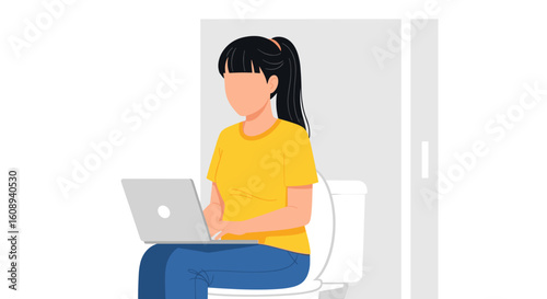 Woman working on laptop while sitting on toilet - illustration for blog, article or website.