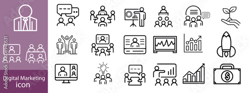 Set of digital marketing line icons. Management, seo, target, ad, analytics etc
