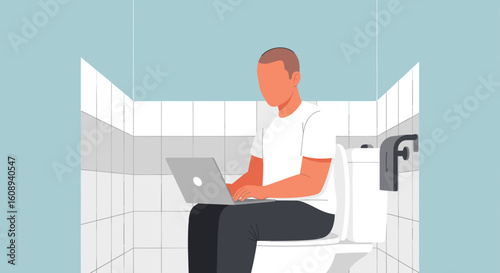 Man working on laptop in restroom, illustration for articles about work-life balance or remote work challenges.